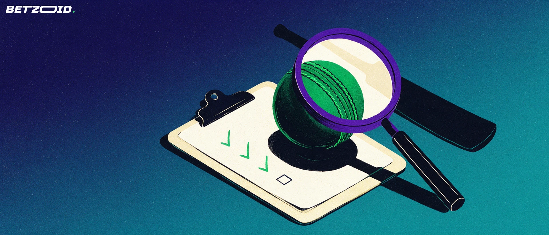 Illustration of a magnifying glass inspecting a cricket ball on a clipboard with checkmarks beside a cricket bat