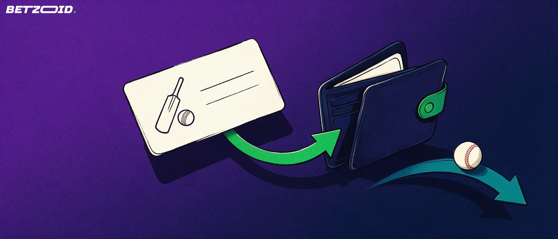 Illustration of a cricket betting slip and an open wallet linked by two curved arrows showing money in and out