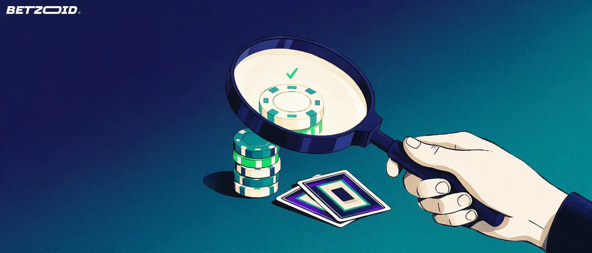 Ilustración de una lupa grande que examina una pila de fichas de casino y un abanico de cartas boca abajo.