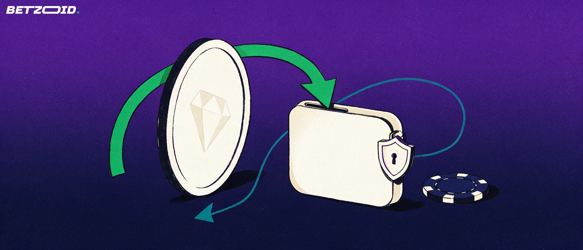 Ilustración de una moneda sin marca que entra en una cartera digital con candado, con flechas que muestran el ciclo de depósito y retiro.