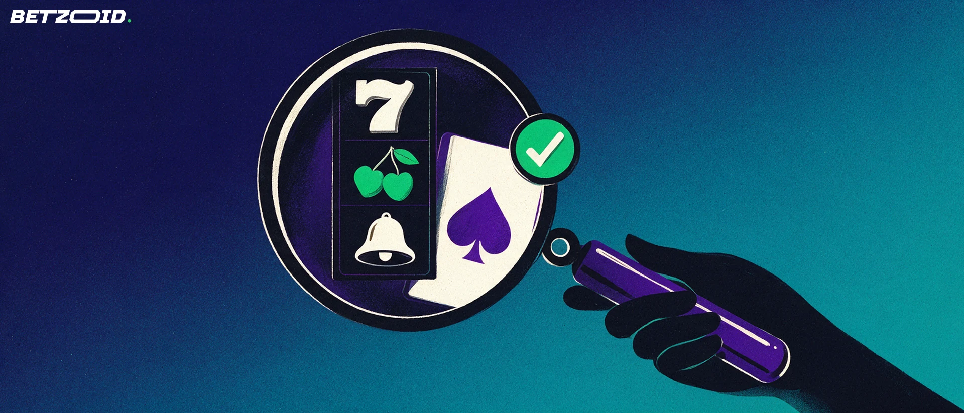 Ilustración de una lupa que amplía un rodillo de tragamonedas con símbolos y una carta de juego, junto a un sello circular de verificación.