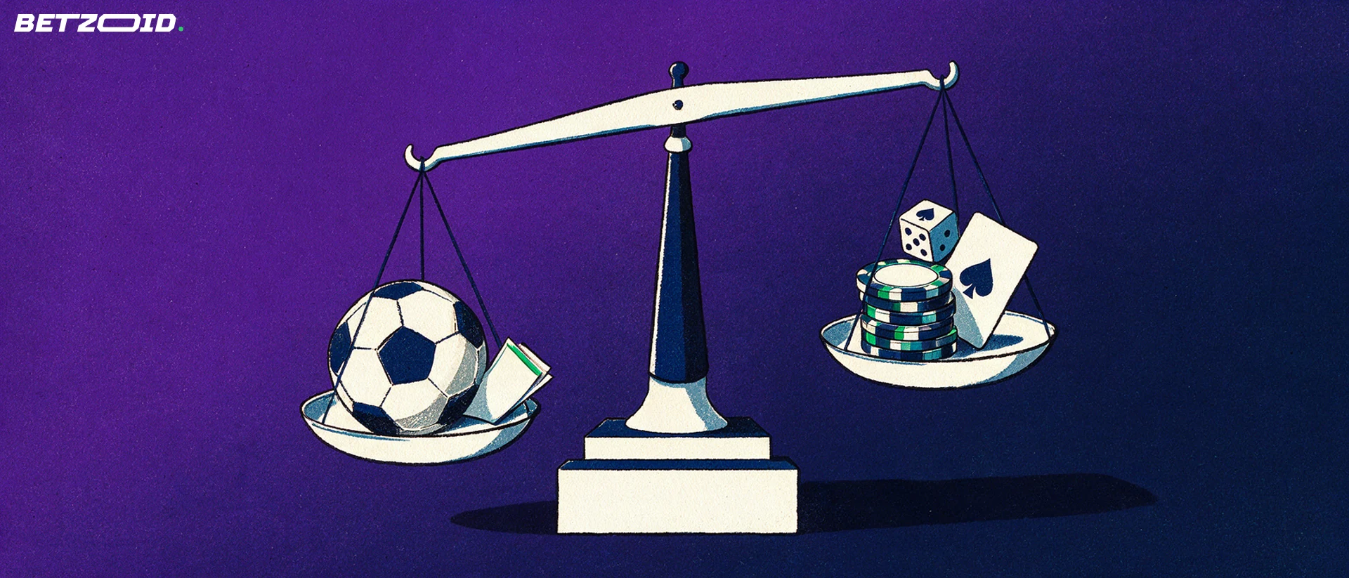 Ilustración de una balanza que compara un balón de fútbol con una pila de fichas de casino, una carta y un dado.
