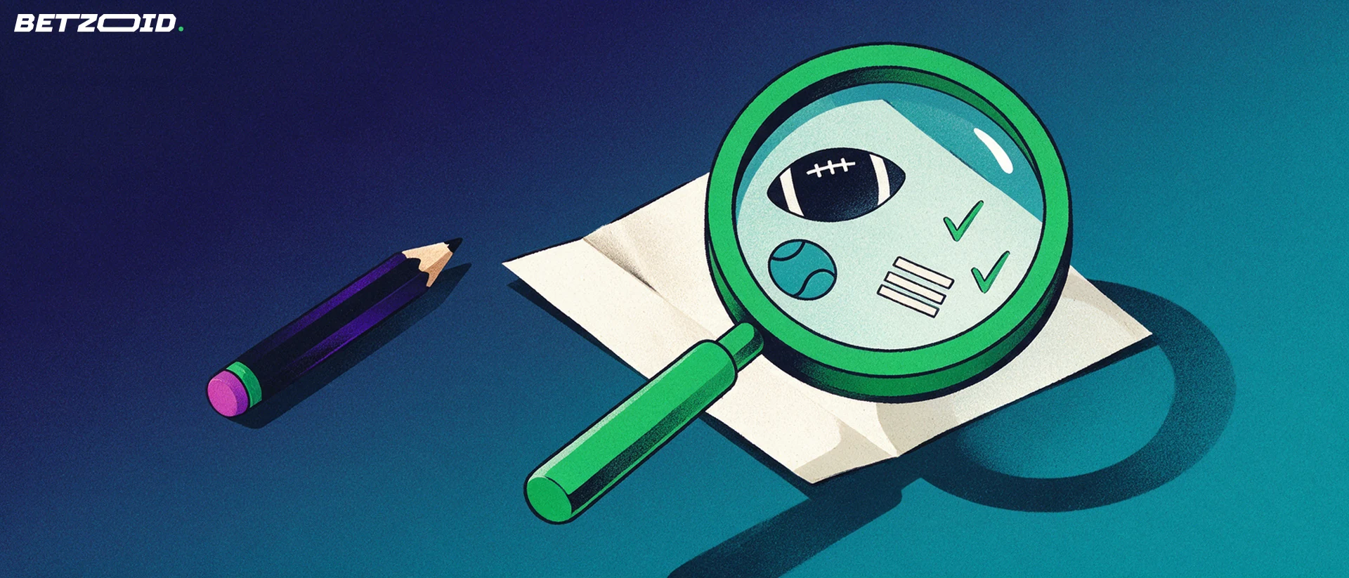 Ilustración de una gran lupa que examina un cupón de apuestas con símbolos de fútbol y tenis y marcas de verificación.