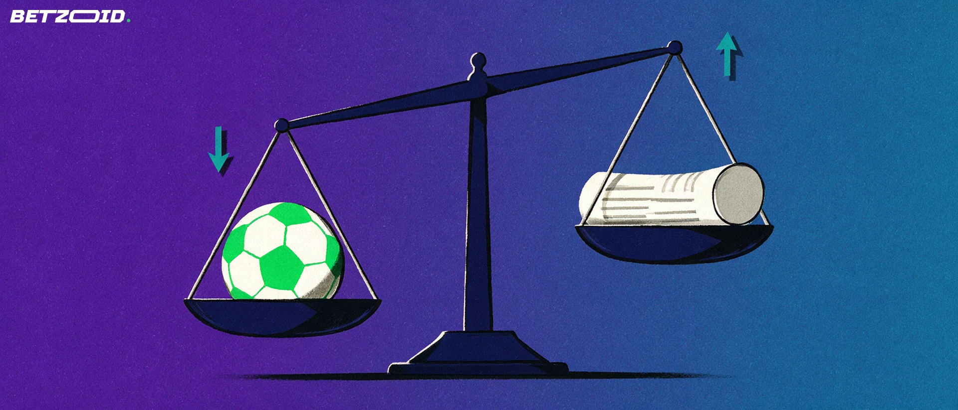 Ilustración de una balanza que compara un balón de fútbol con un documento de condiciones enrollado.