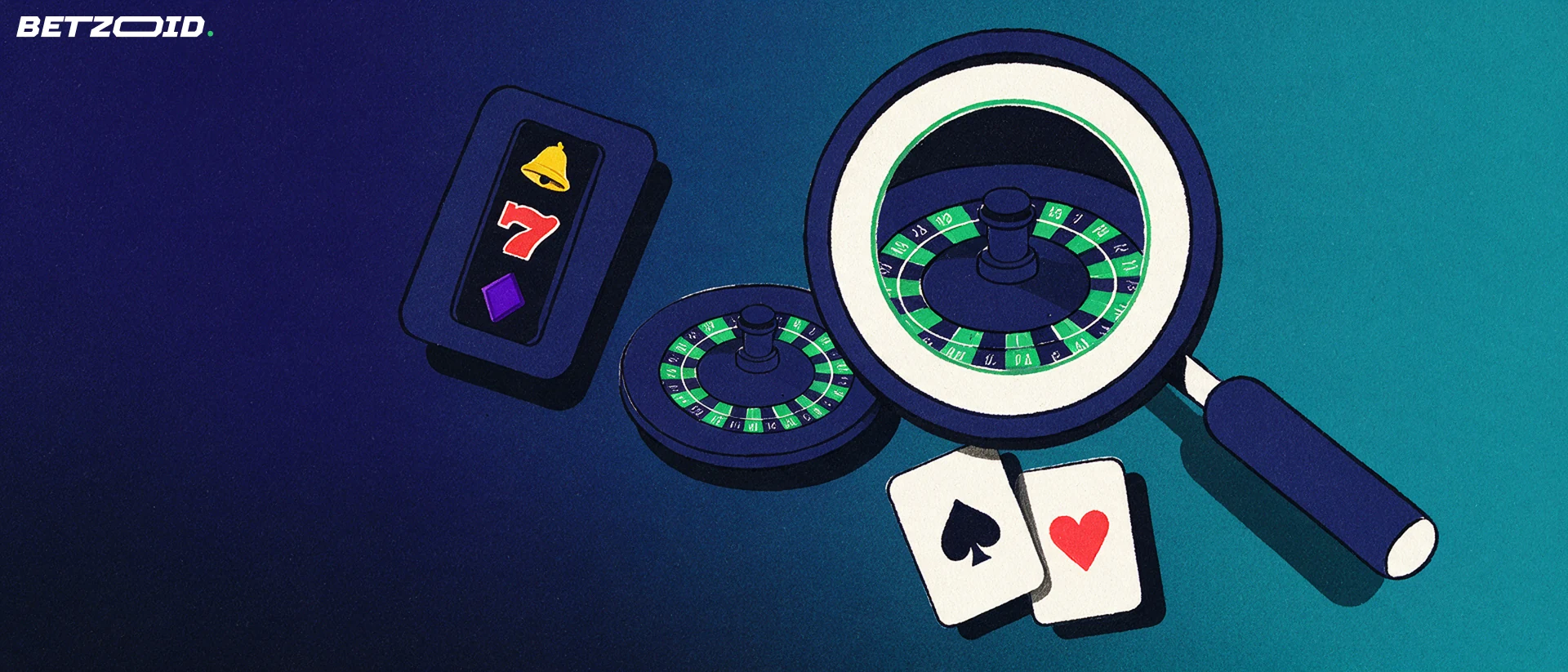 Ilustración de una lupa que examina fichas con una ruleta, un rodillo de tragamonedas y cartas de póquer.