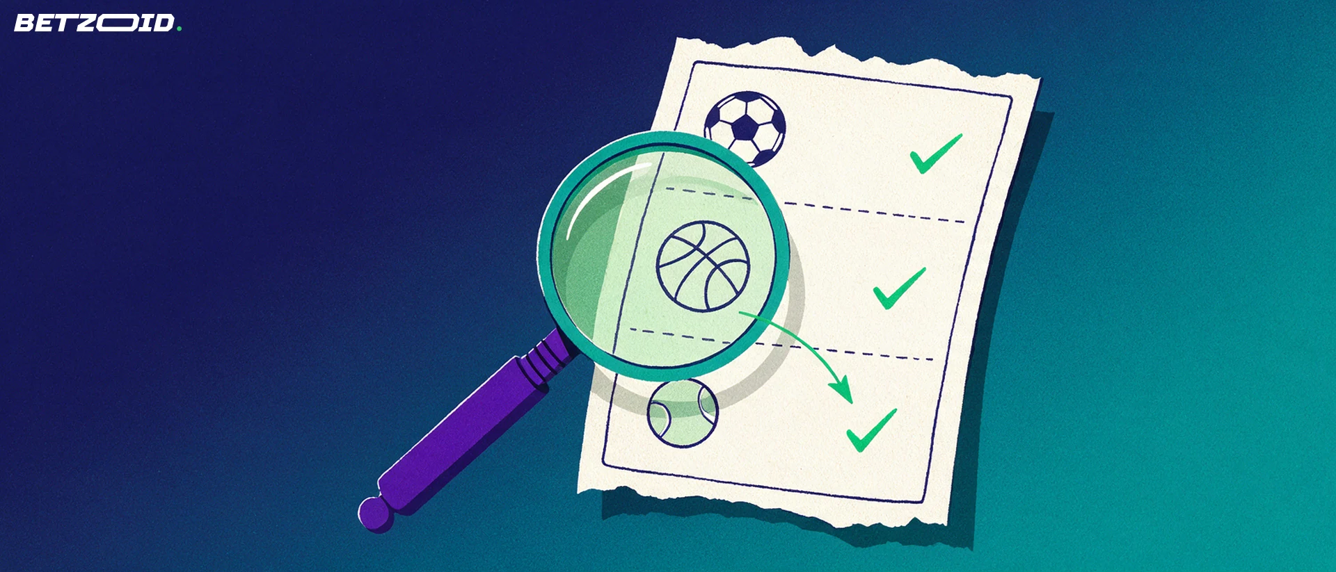 Ilustración de una lupa que examina un boleto de apuestas con símbolos de fútbol, baloncesto y tenis marcados con visto bueno.