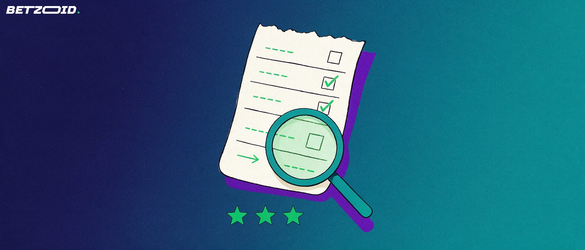 Ilustración de un boleto de apuestas de papel con casillas marcadas, una lupa que amplía una línea y tres estrellas debajo como valoración.