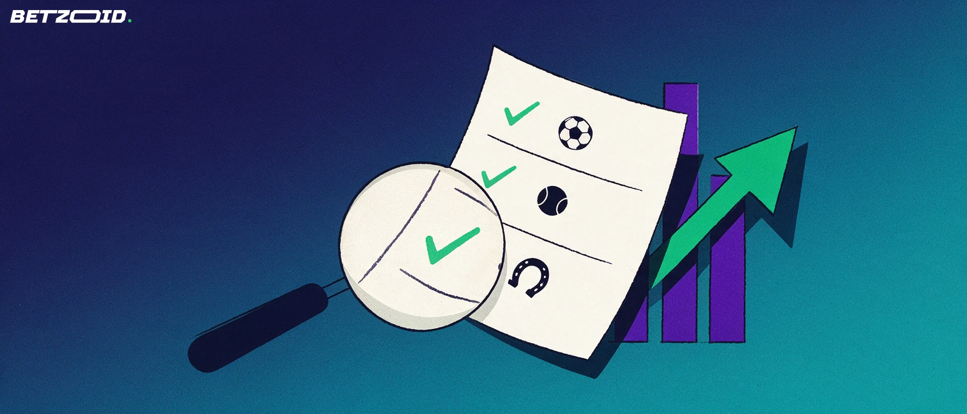 Ilustración de una lupa grande que examina un boleto de apuestas deportivas con símbolos de fútbol y tenis y una flecha ascendente.