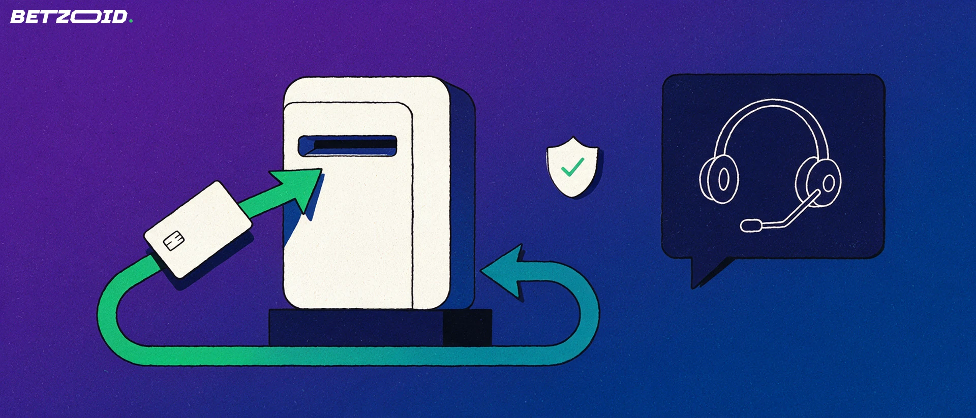 Ilustración de un terminal de pagos con flechas de depósito y retiro junto a una burbuja de diálogo con audífonos de soporte y un escudo con visto.