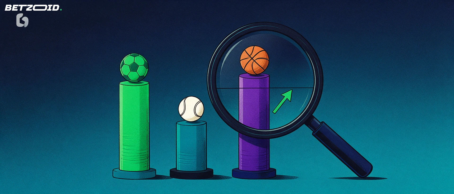Ilustración de una lupa inclinada sobre tres barras verticales coronadas por un balón de fútbol, una pelota de tenis y un balón de baloncesto, con una flecha ascendente dentro de la lente.