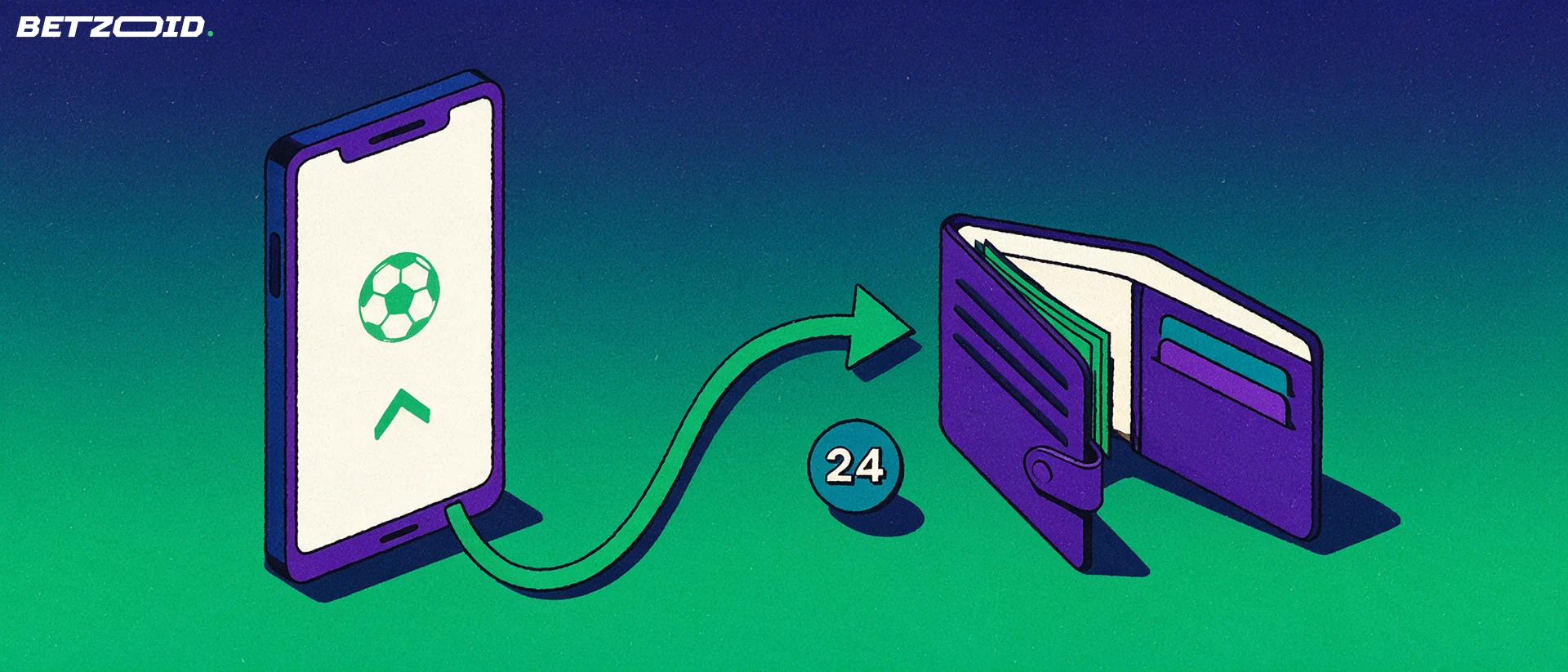 Ilustración de un teléfono con un icono de balón en pantalla y una flecha curva que sale hacia una billetera abierta, junto a una insignia redonda con el número 24.