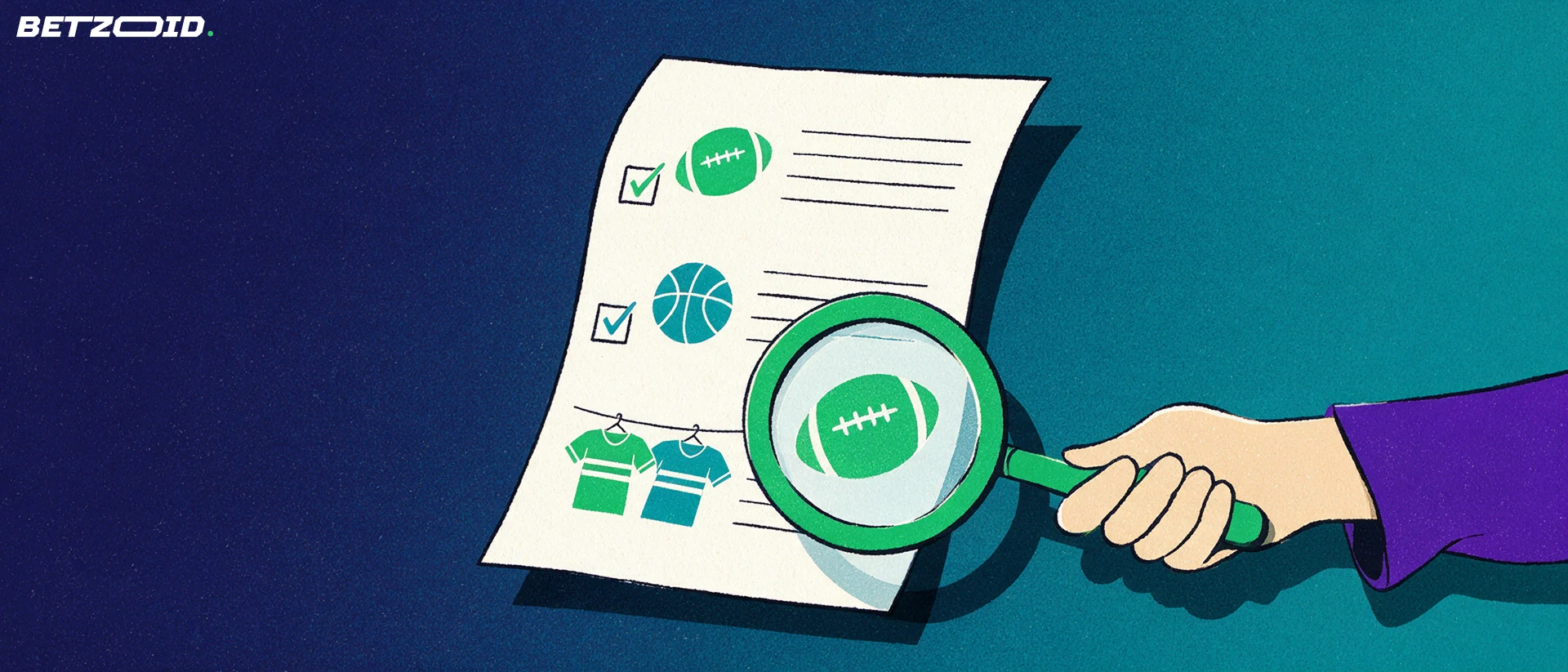 Ilustración de una lupa que examina un boleto de apuestas con iconos de fútbol, baloncesto y camisetas deportivas.
