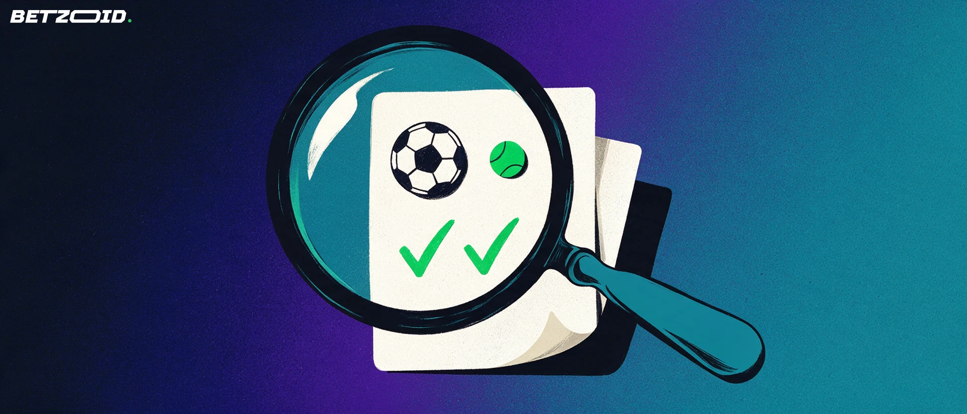 Ilustración de una lupa que examina un boleto de apuestas deportivas con iconos de balón y marcas de verificación.