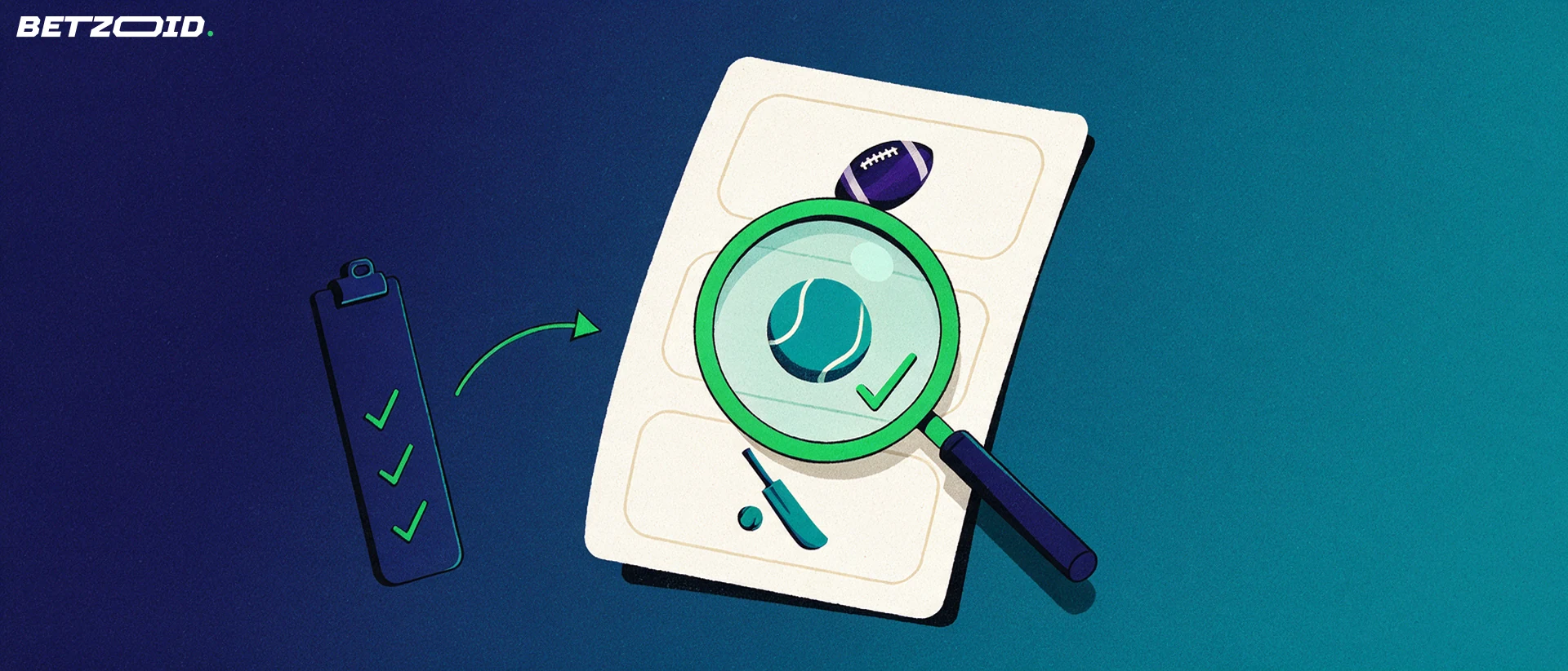 Illustration of a magnifying glass inspecting a betting coupon with football, tennis and cricket symbols beside a checklist clipboard