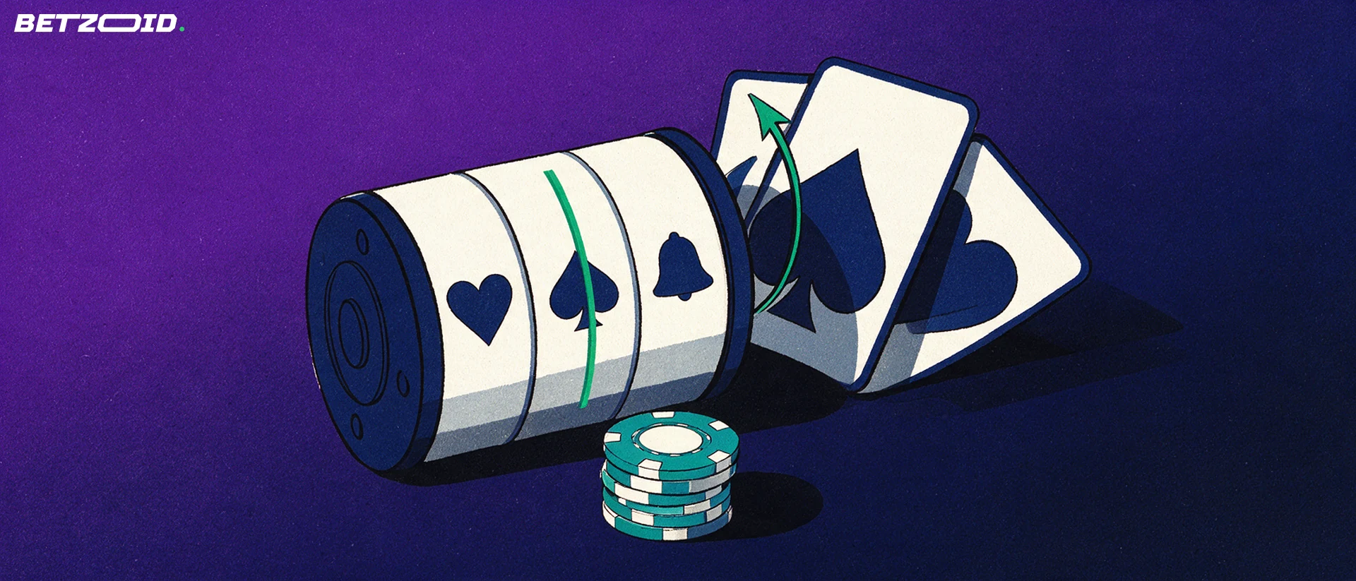 Illustration of a slot machine reel drum showing card suit and bell symbols beside a fan of playing cards and a stack of chips
