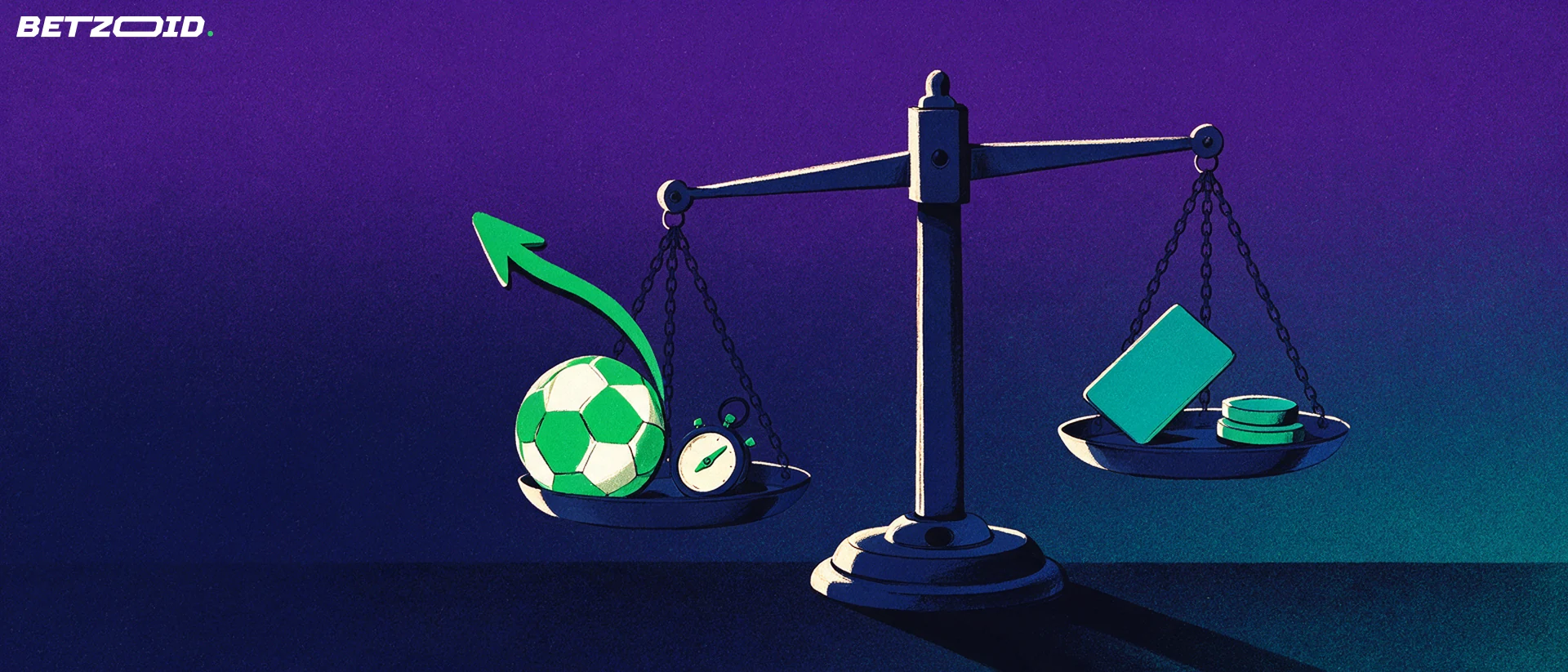 Ilustración de una balanza que compara un balón de fútbol y un cronómetro con una tarjeta de pago y fichas
