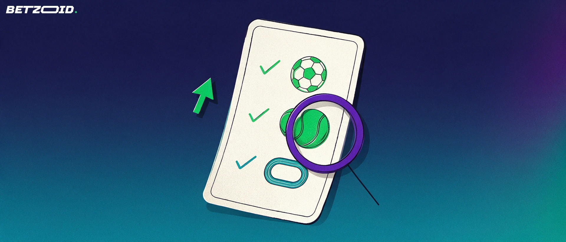 Ilustración de un cupón de apuestas con iconos deportivos examinado por una gran lupa y una flecha verde ascendente.