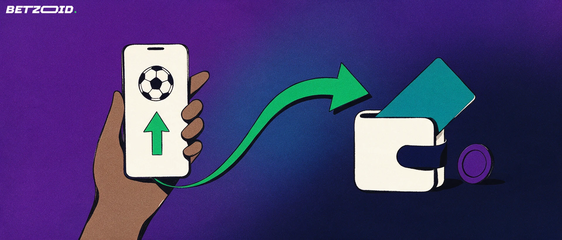 Ilustración de una mano que sostiene un teléfono con un símbolo de fútbol, unida por una flecha a una cartera con una tarjeta de pago.