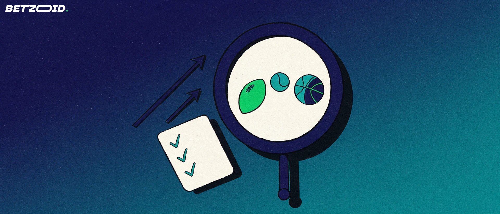 Ilustración de una lupa que amplía símbolos de fútbol, tenis y baloncesto junto a una lista con marcas de verificación.