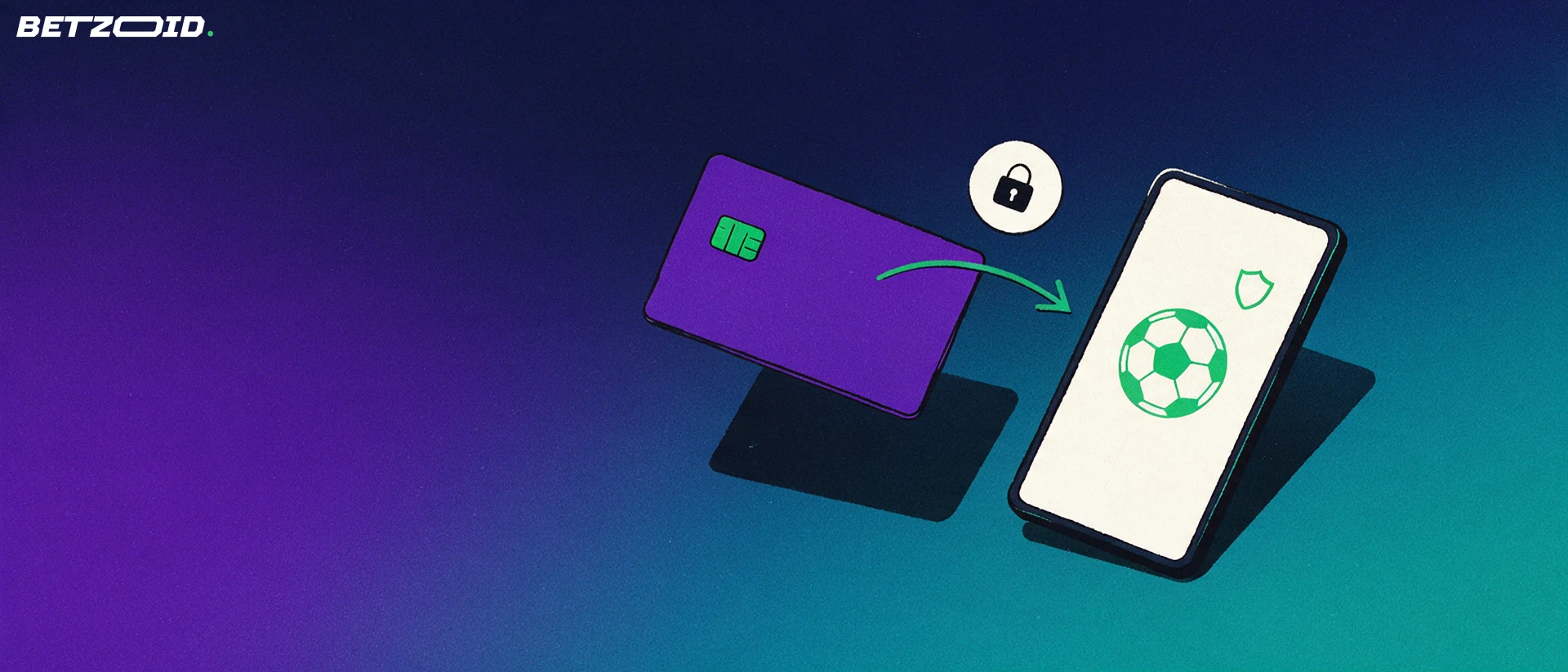 Ilustración de una tarjeta bancaria y un teléfono con un icono de fútbol, unidos por una flecha y un distintivo con candado.