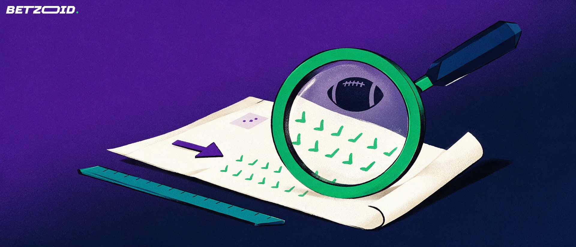 Ilustración de una lupa sobre un boletín de apuestas con marcas de verificación y un balón de fútbol.
