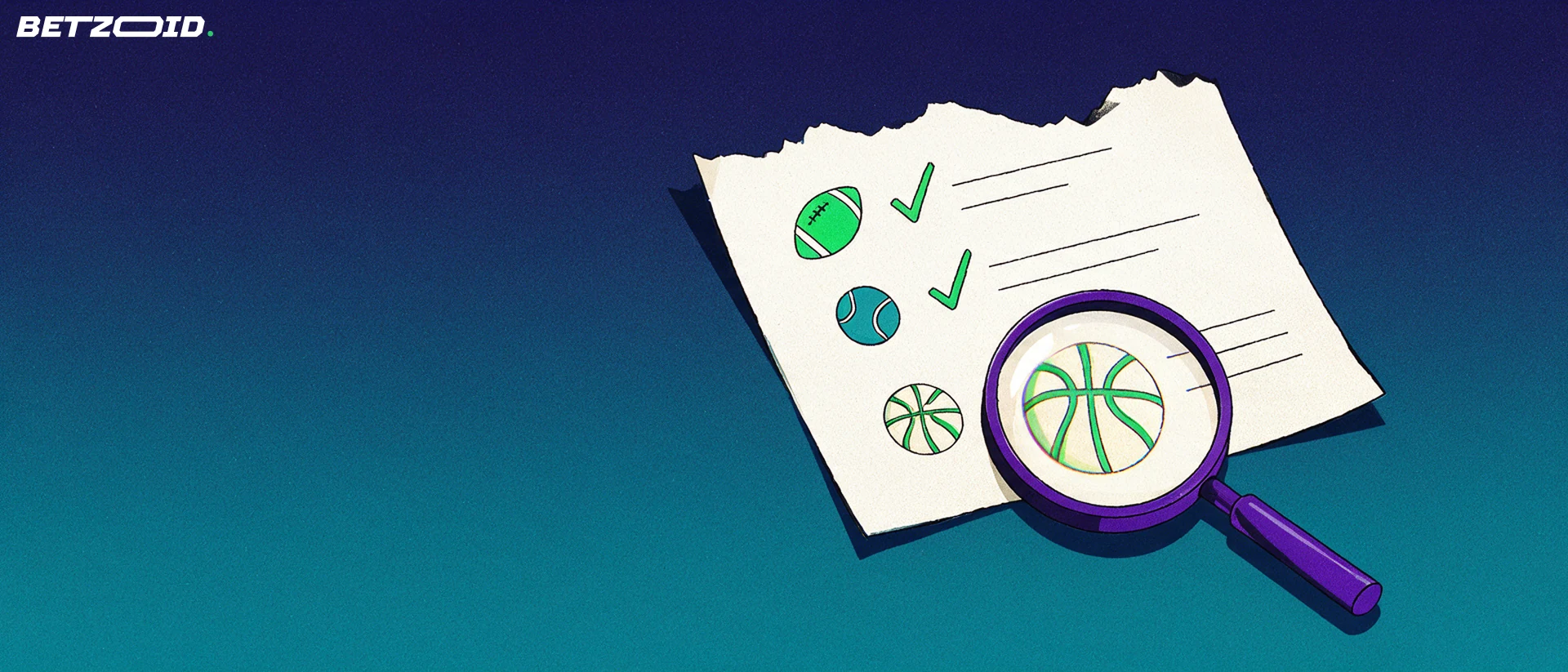 Ilustración de un boleto de apuestas deportivas con iconos de fútbol, tenis y baloncesto observado a través de una gran lupa.
