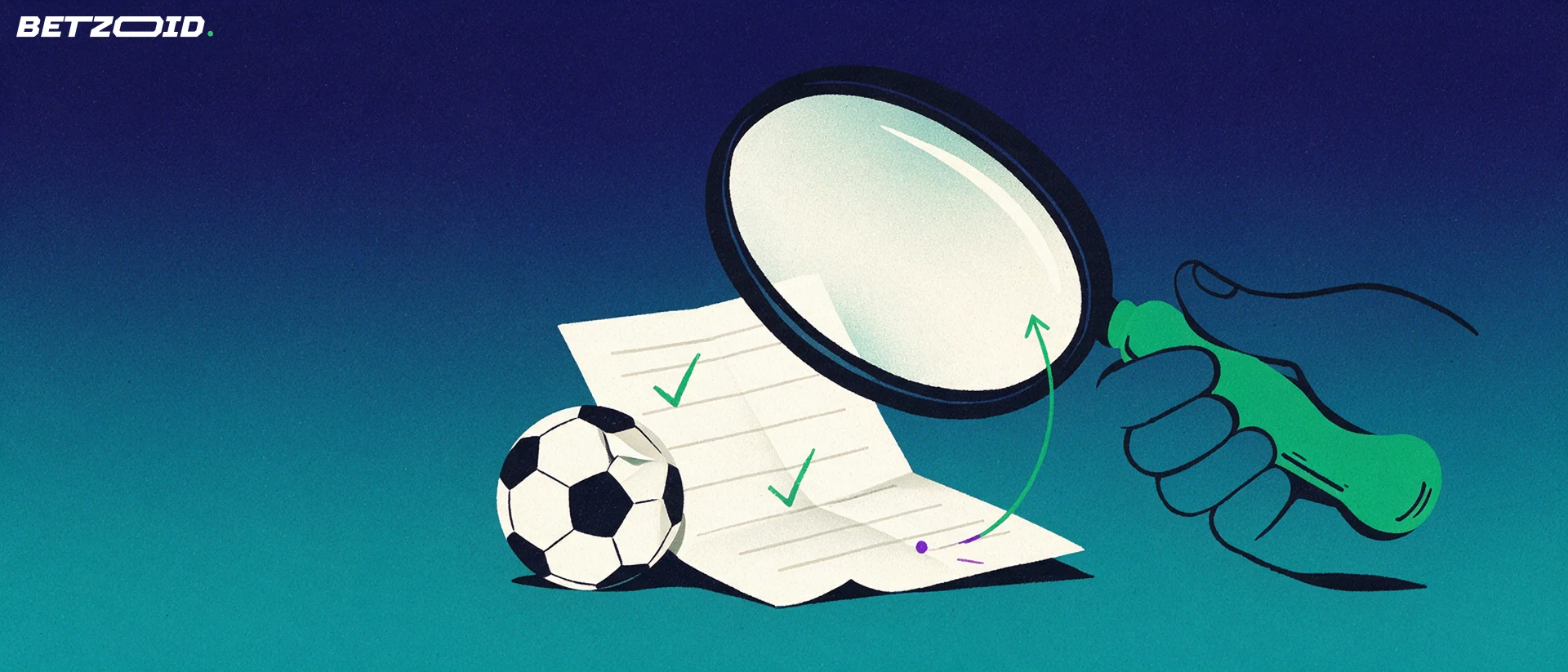 Ilustración de una lupa grande sostenida por una mano sobre un boleto de apuestas con marcas de verificación y un balón de fútbol.