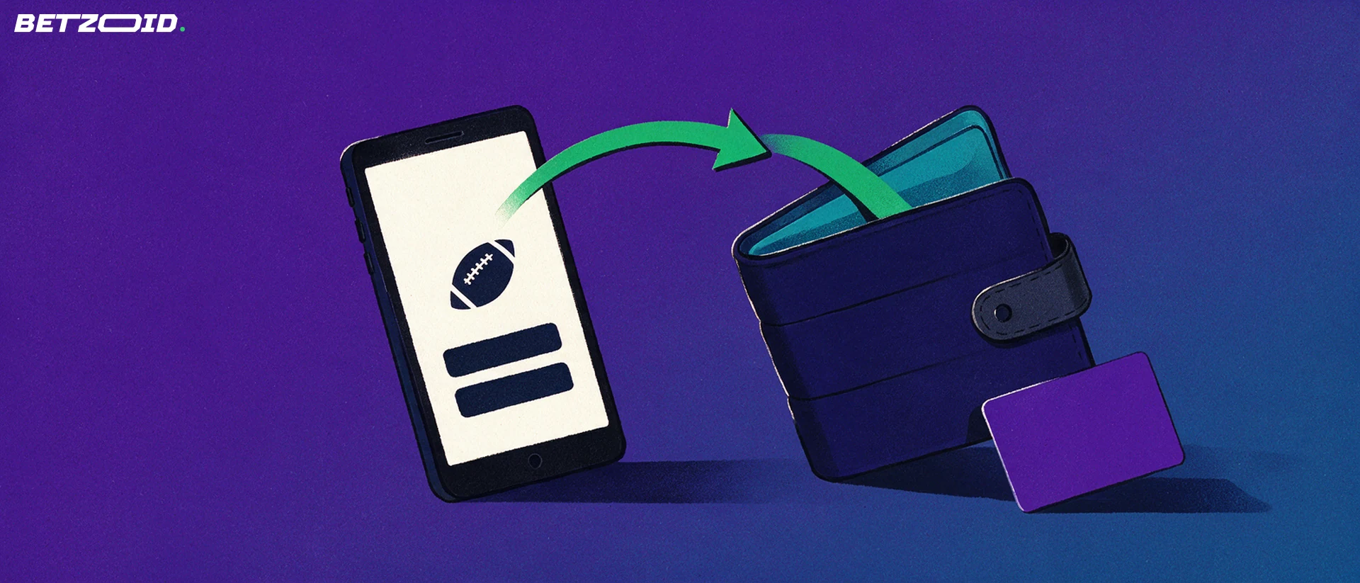 Ilustración de un teléfono con un icono de balón de fútbol y una flecha verde que apunta hacia una cartera abierta con una tarjeta.