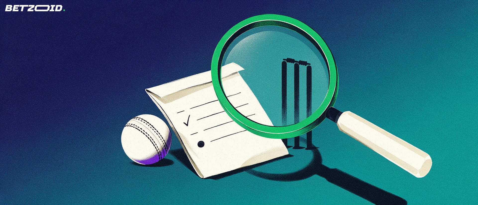 Illustration of a large magnifying glass inspecting a folded betting slip with tick marks beside a cricket ball and stumps.