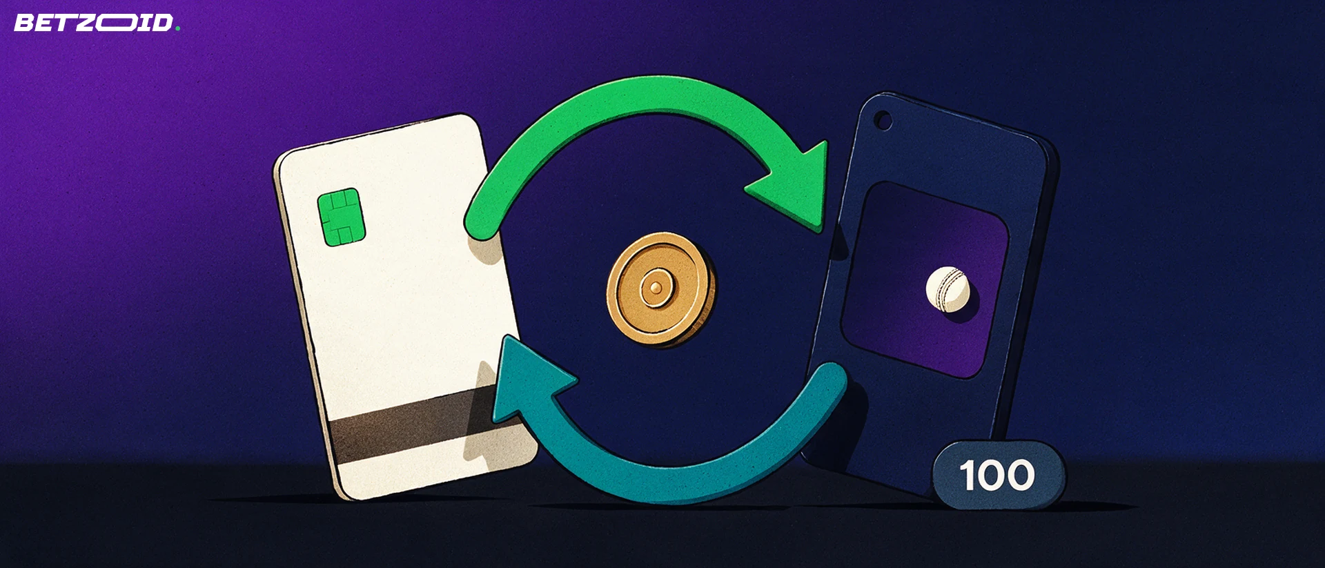 Illustration of a payment card and a phone showing a cricket-ball symbol linked by two looping arrows around a single coin.