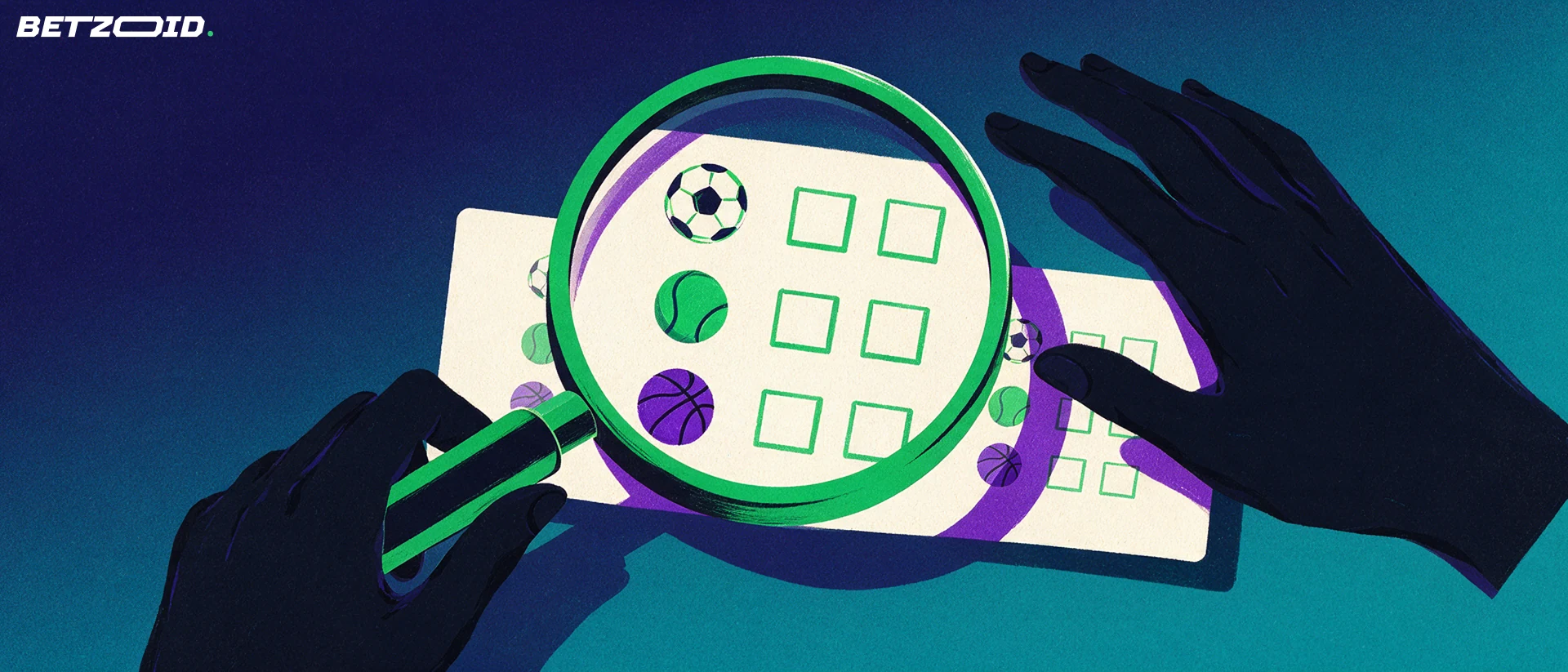 Ilustración de una lupa sobre un boleto de apuestas con iconos de fútbol, tenis y baloncesto.