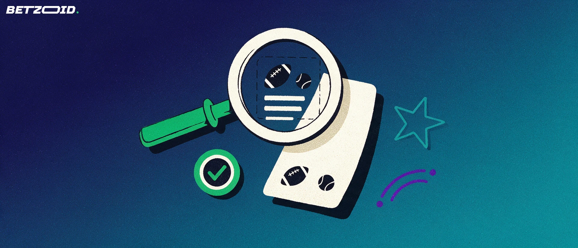 Ilustración de una lupa grande sobre un boleto de apuestas deportivas con símbolos de fútbol y tenis, junto a una marca de verificación y una estrella.