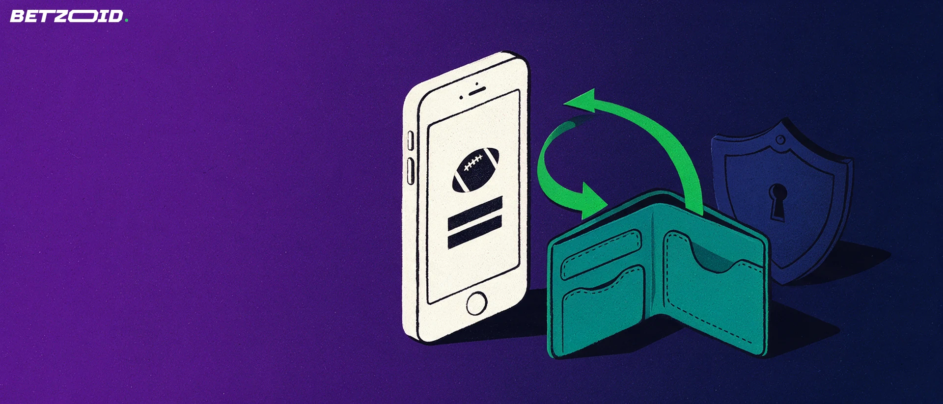 Ilustración de un teléfono con un icono de fútbol conectado por flechas verdes a una billetera y un escudo con cerradura.