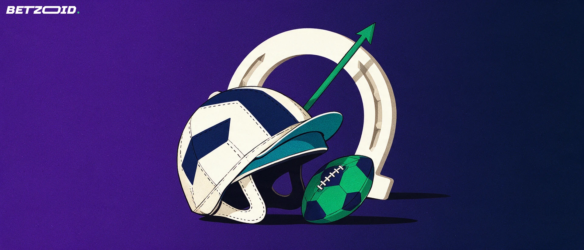 Illustration of a jockey helmet, football and large horseshoe arch with an upward arrow