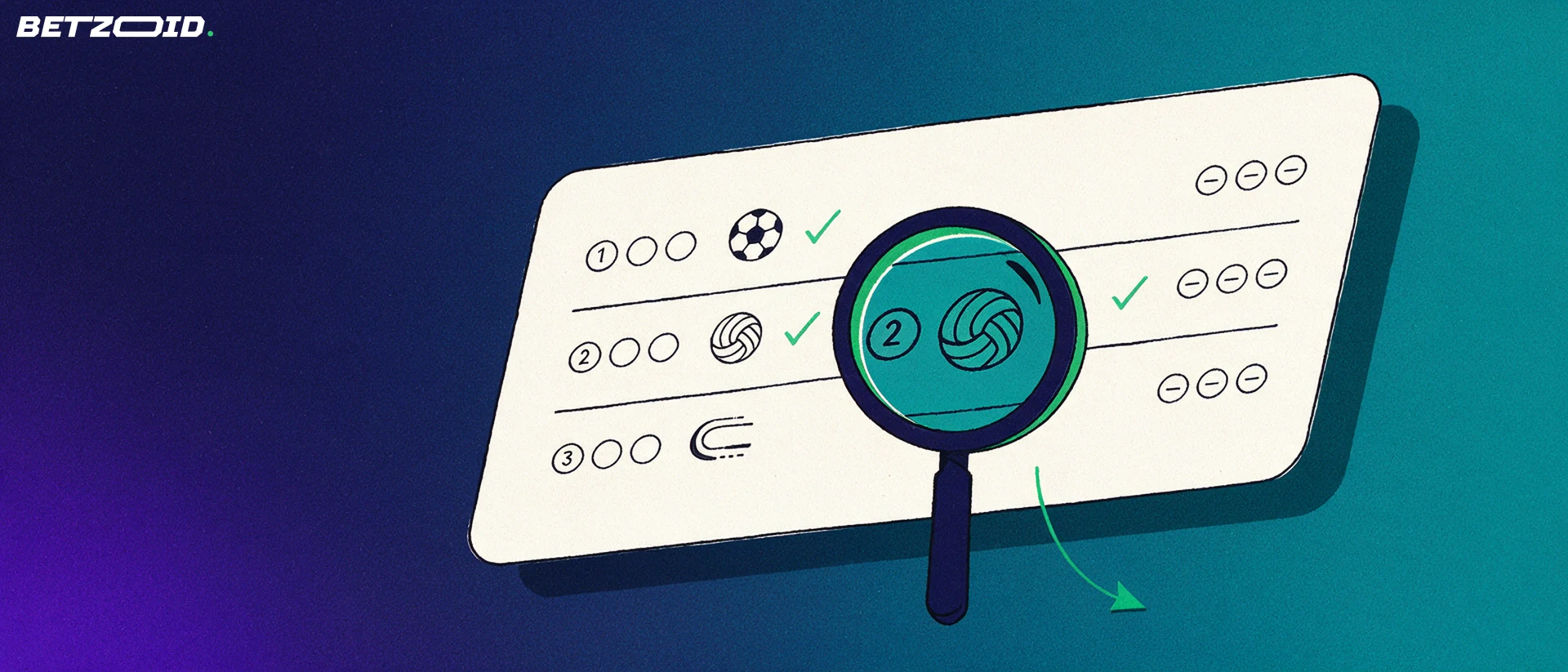 Ilustración de una lupa grande sobre un boletín de apuestas deportivas con iconos de balones y marcas de verificación