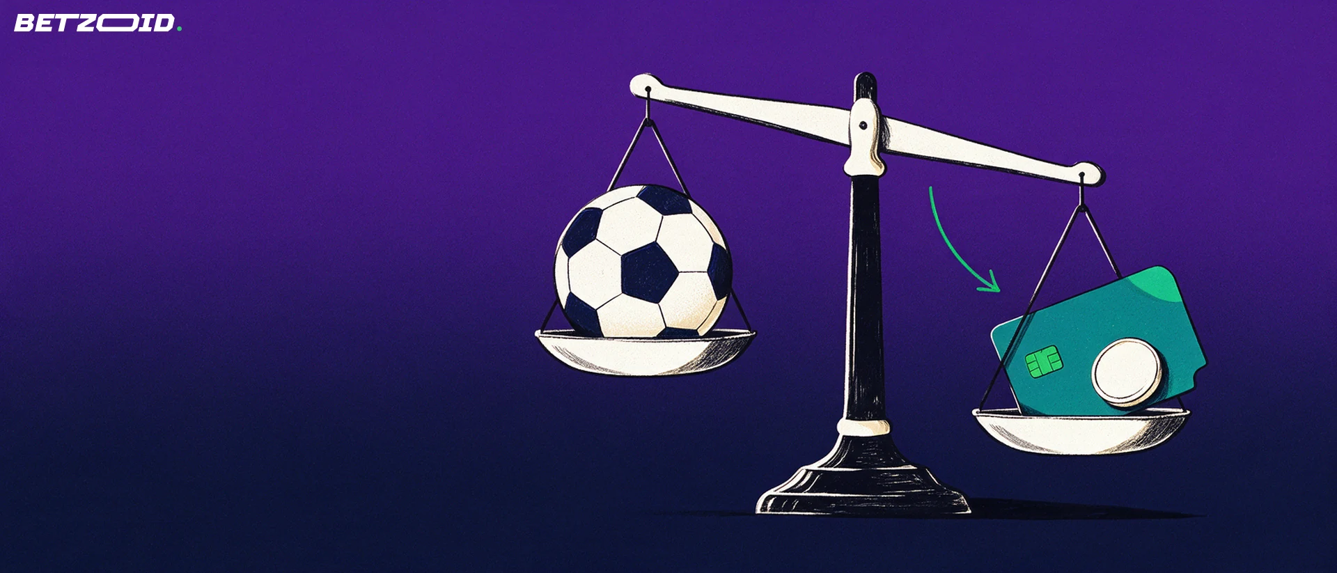 Ilustración de una balanza que compara un balón de fútbol con una tarjeta de pago y una moneda