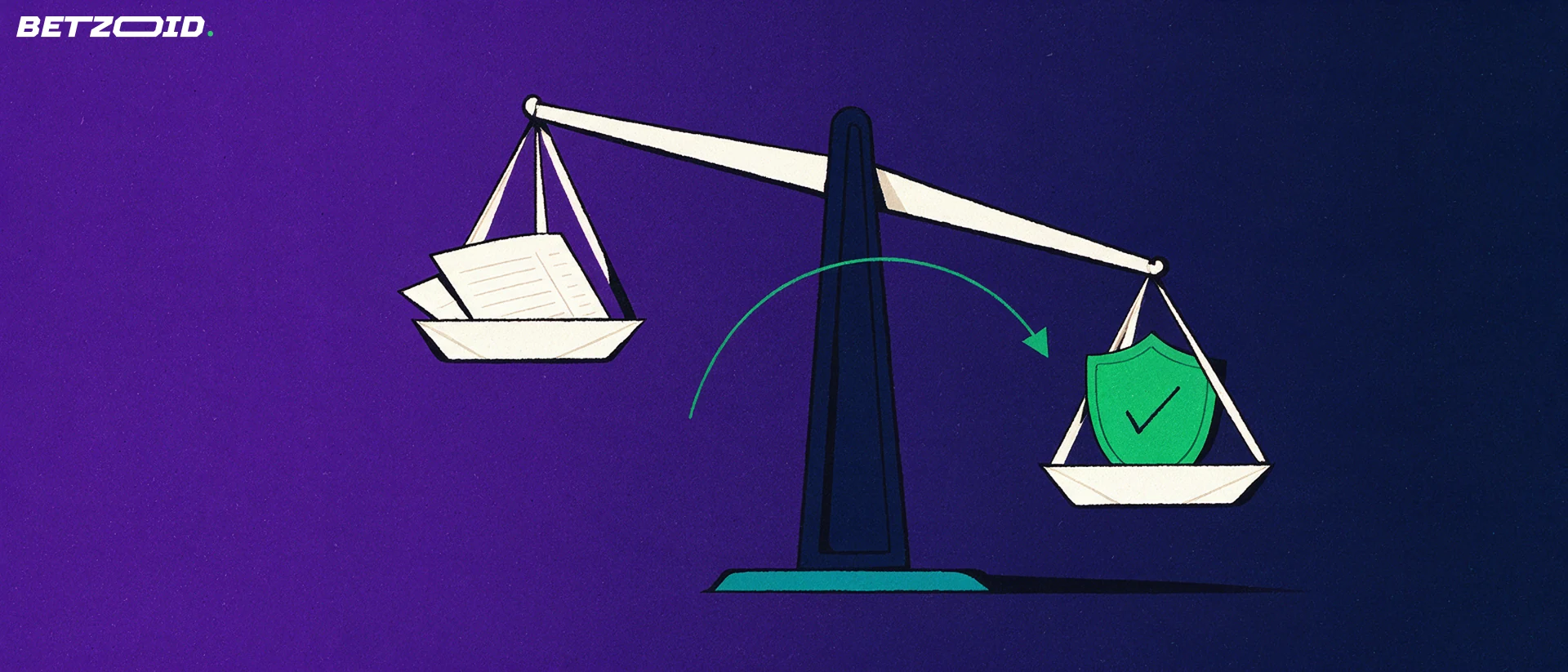 Illustration of a balance scale weighing blank betting slips against a green shield with a checkmark.