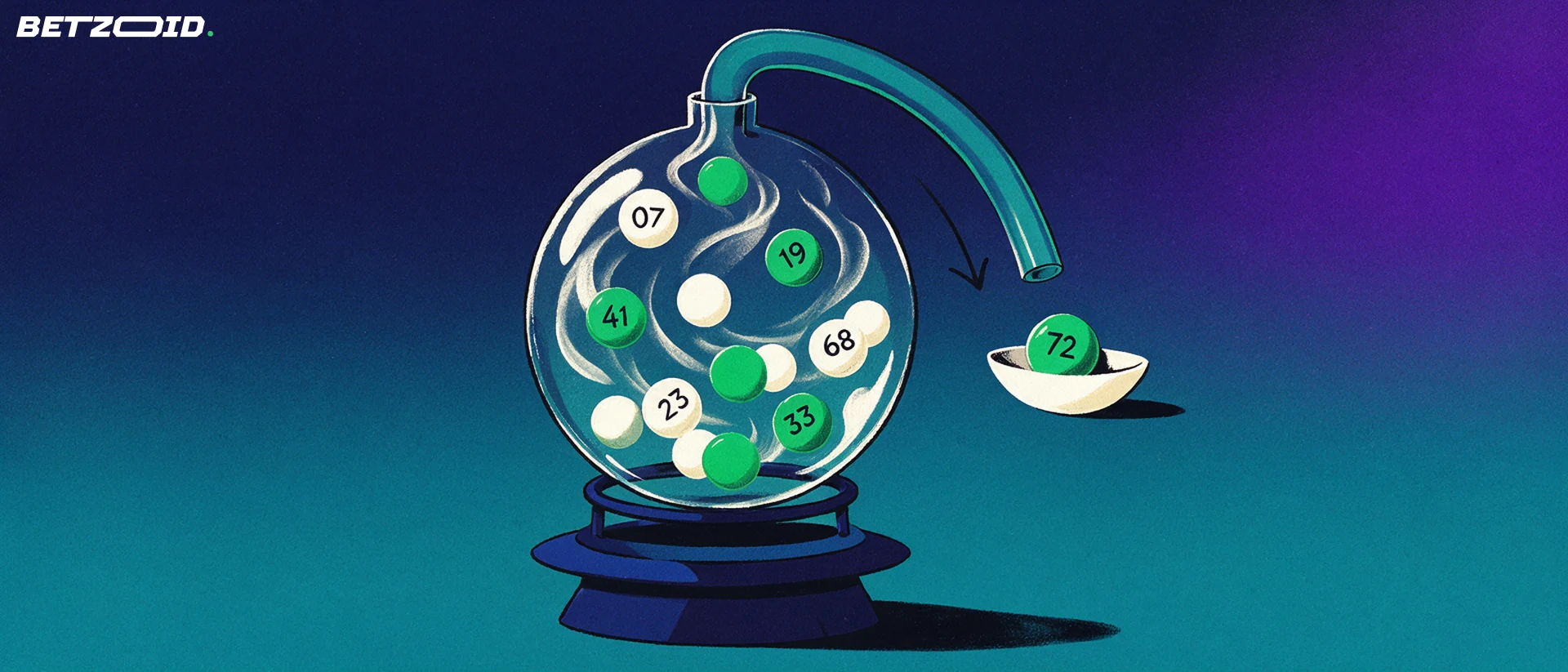 Ilustración de un bombo de sorteo transparente con bolas numeradas girando y una bola saliendo por un tubo hacia un soporte.
