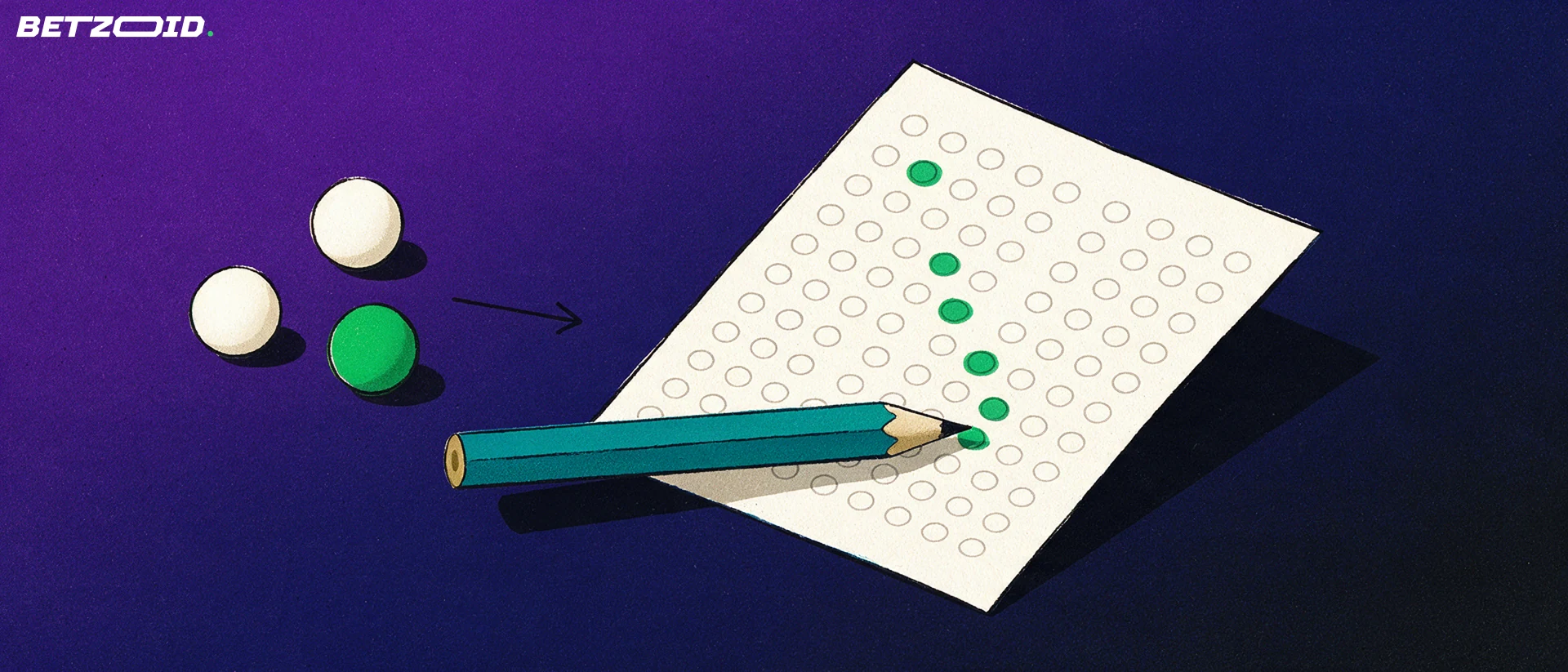 Ilustración de un boleto de lotería inclinado con una cuadrícula de círculos, seis marcados en verde, un lápiz y tres bolas junto a una flecha.