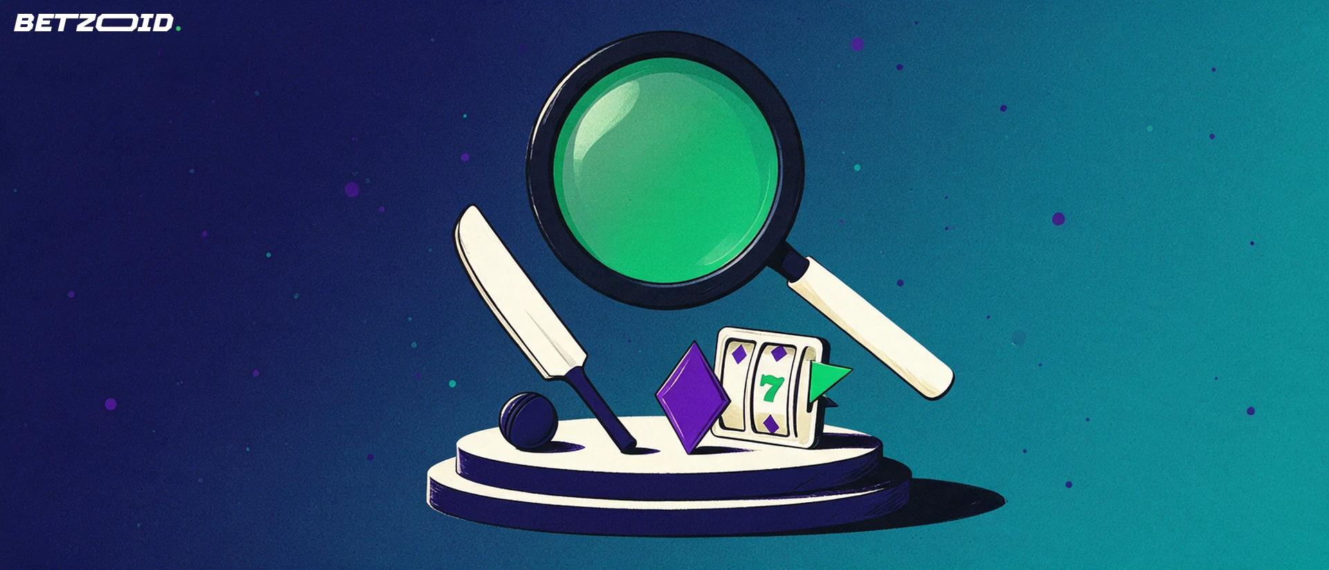 Illustration of a large magnifying glass enlarging a cricket bat and ball beside a card suit and slot reel symbol.