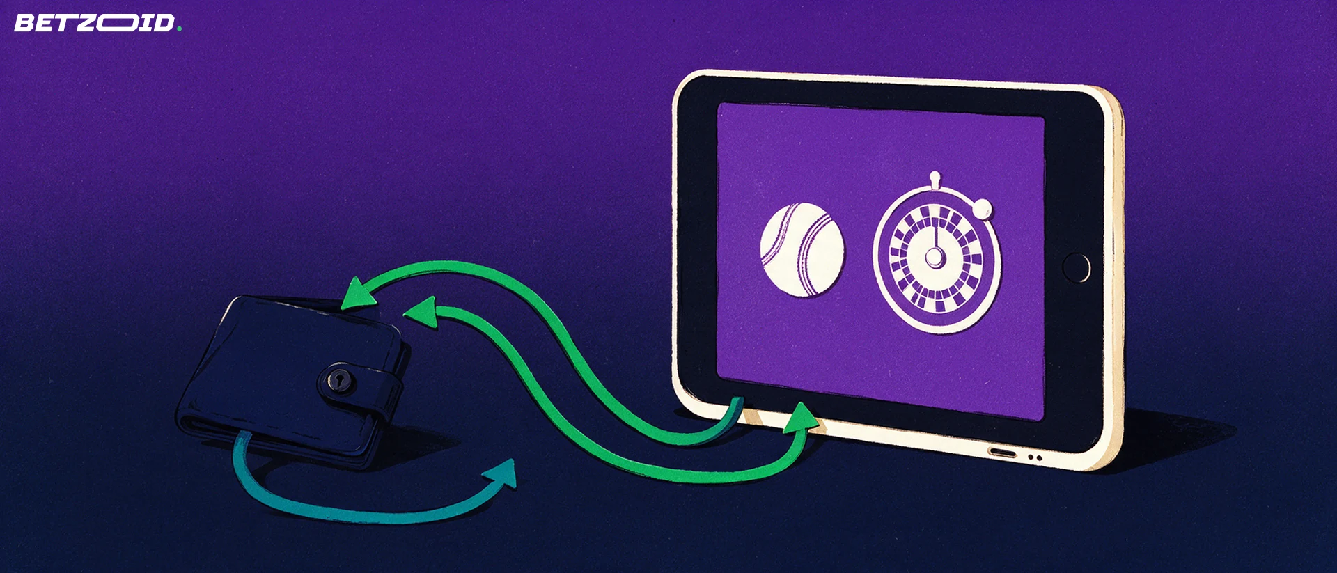 Illustration of a handheld device showing cricket and roulette symbols linked by curved arrows to a wallet.