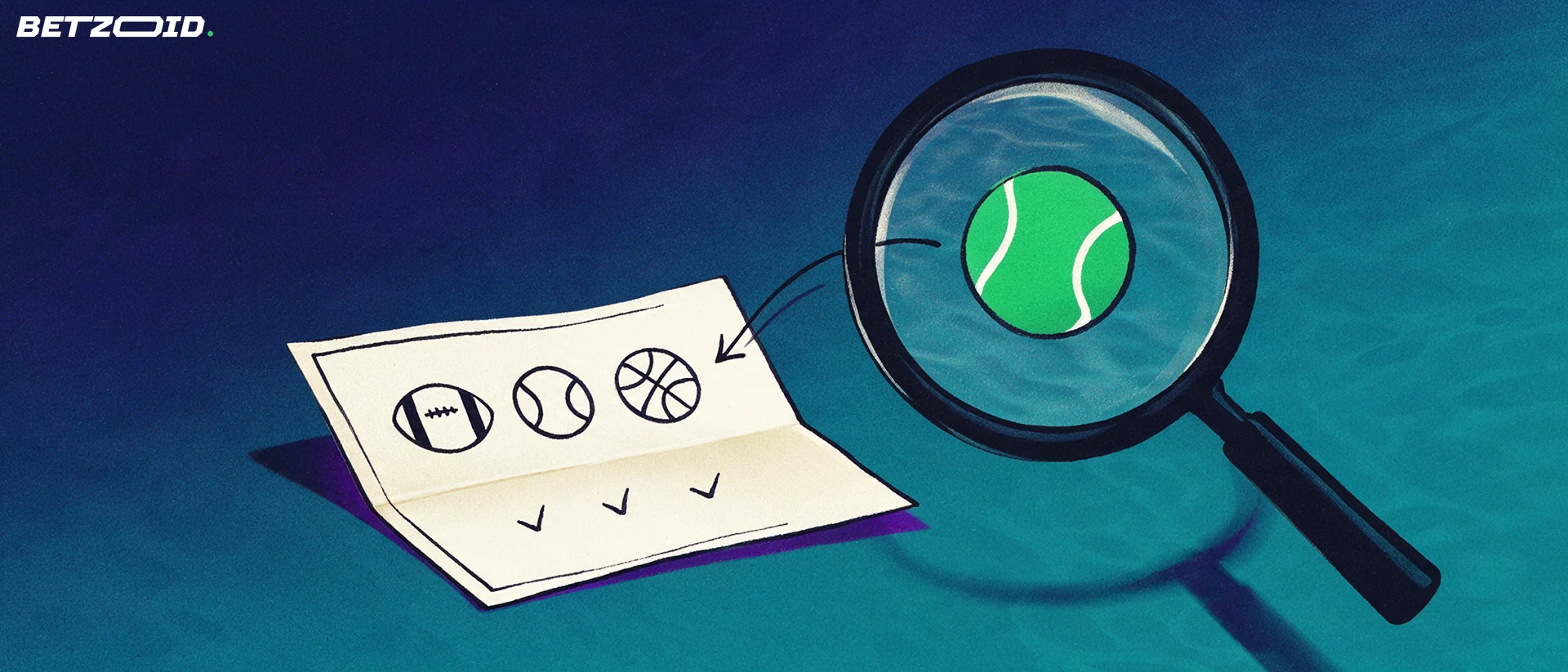 Ilustración de una lupa grande inclinada sobre un boleto de apuestas deportivas con iconos de fútbol, tenis y baloncesto y tres marcas de verificación.