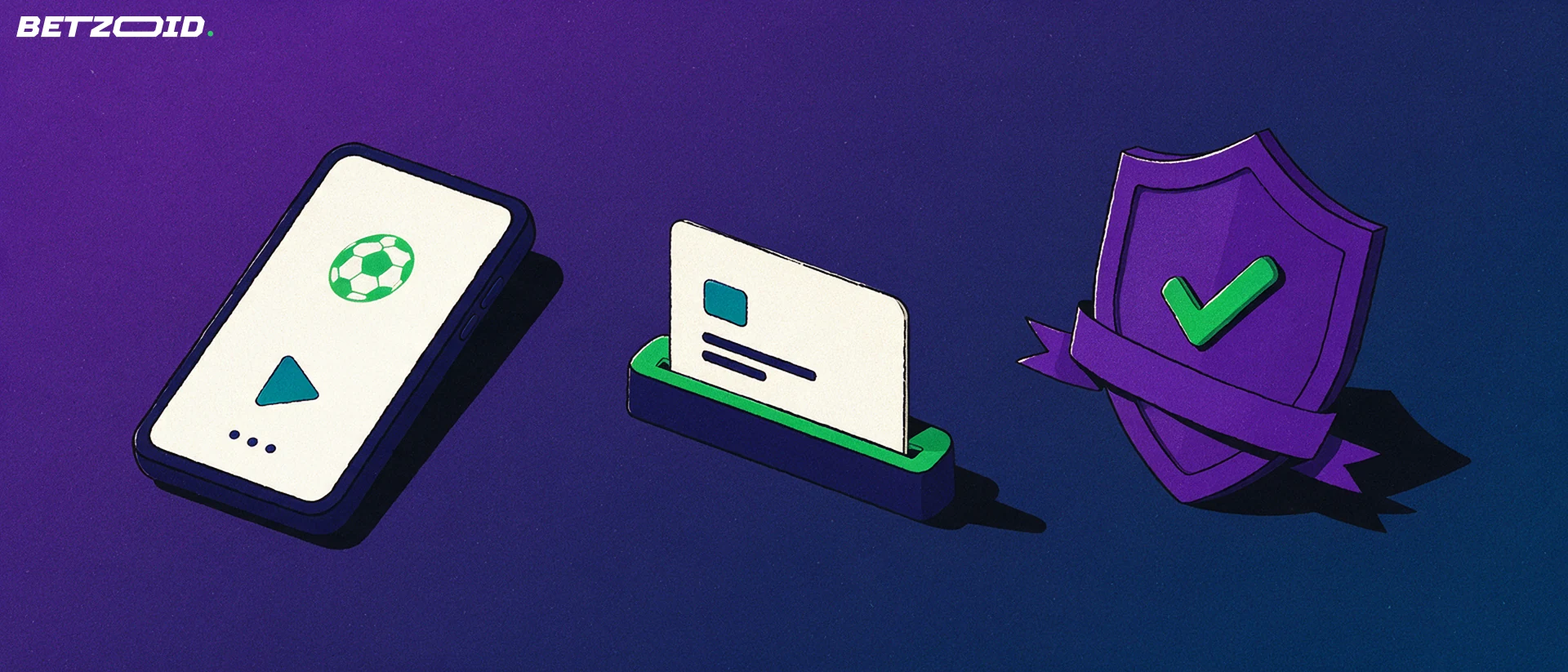 Ilustración de un teléfono con un símbolo de balón en la pantalla, una tarjeta de pago entrando en una ranura y un escudo con una marca de verificación.