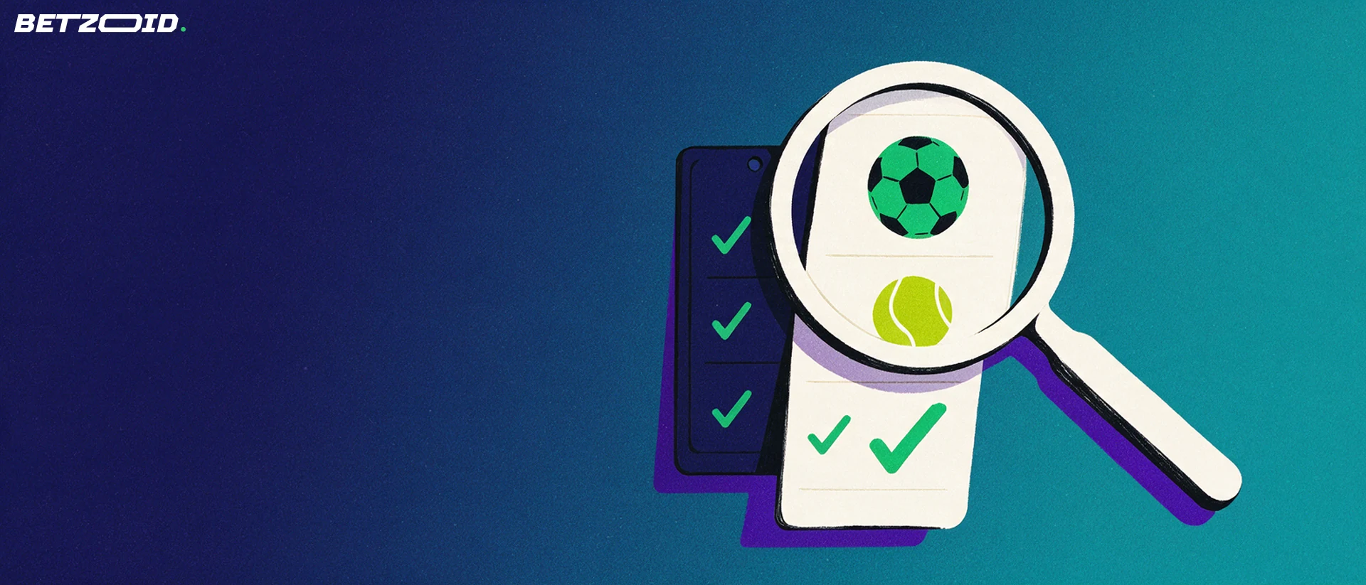 Ilustración de una lupa grande que examina un boleto de apuestas deportivas con iconos de balón y pelota de tenis y marcas de verificación.
