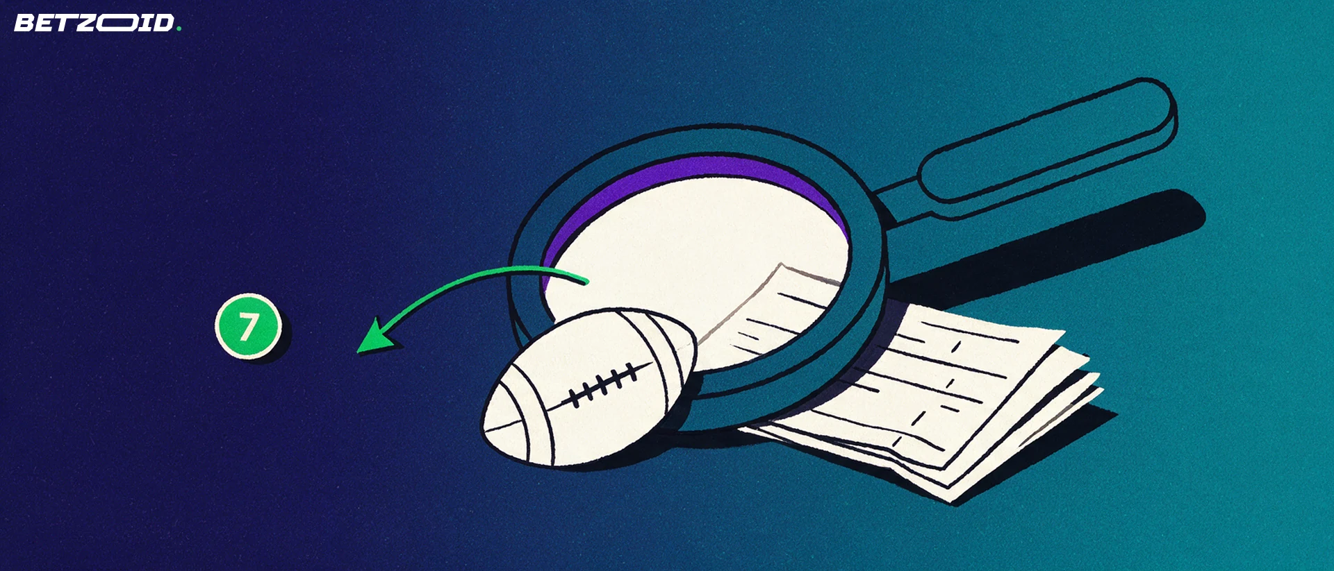 Ilustración de una lupa inclinada sobre un boleto de apuestas doblado y un balón de fútbol geométrico, sobre fondo azul marino.