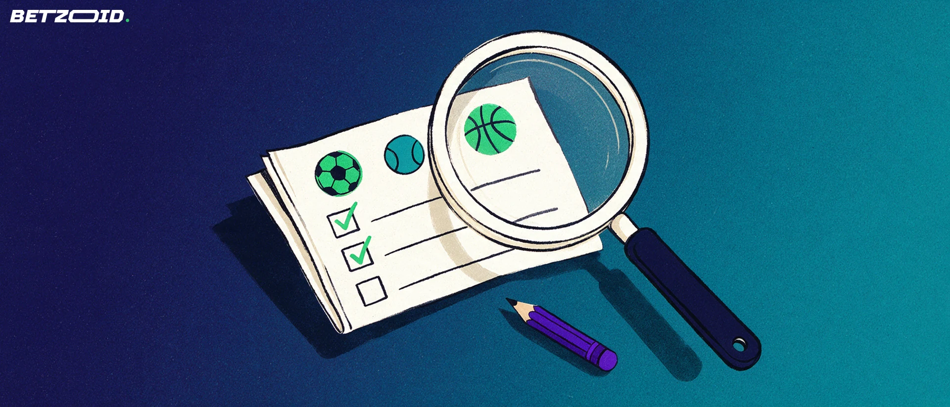 Ilustración de una lupa grande sobre un boleto de apuestas deportivas con iconos de fútbol, tenis y baloncesto y casillas marcadas.