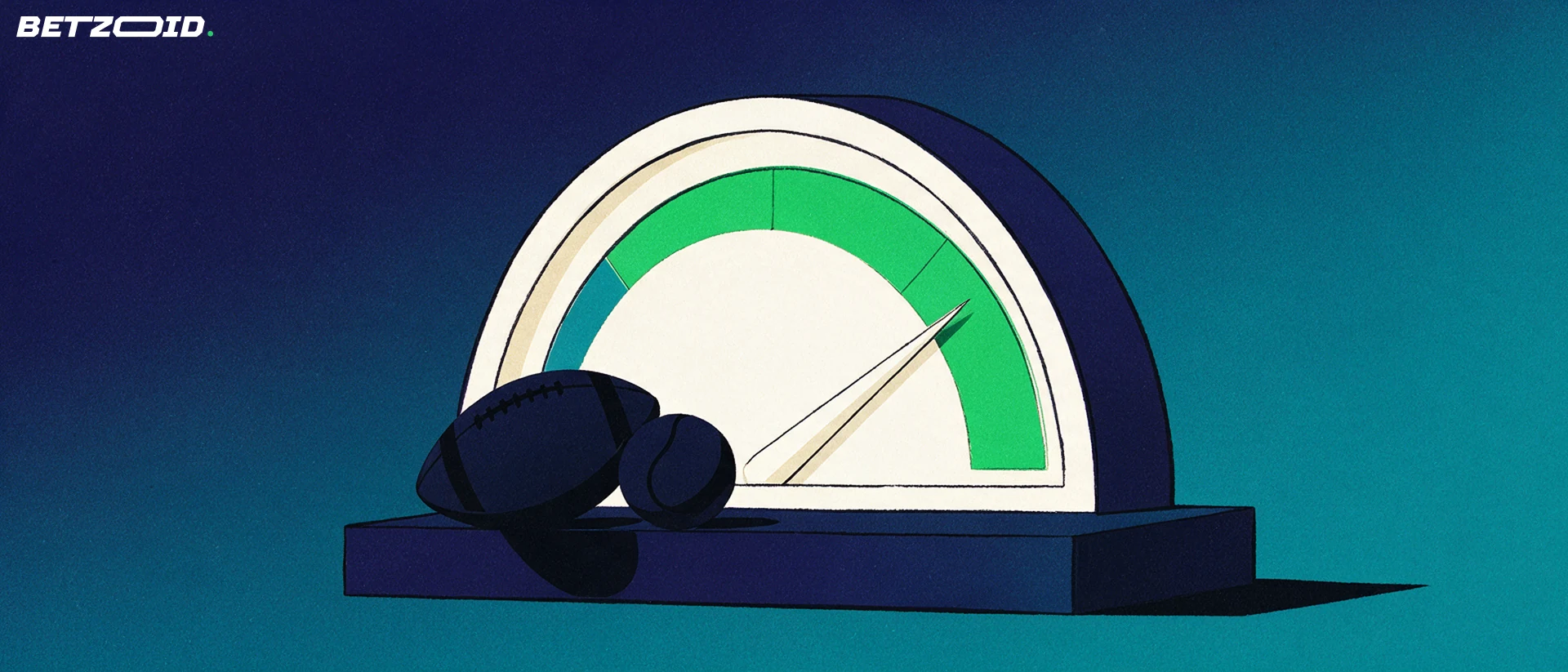 Ilustración de un gran dial con aguja que marca una zona verde amplia, junto a un balón de fútbol y una pelota de tenis sobre un pedestal.