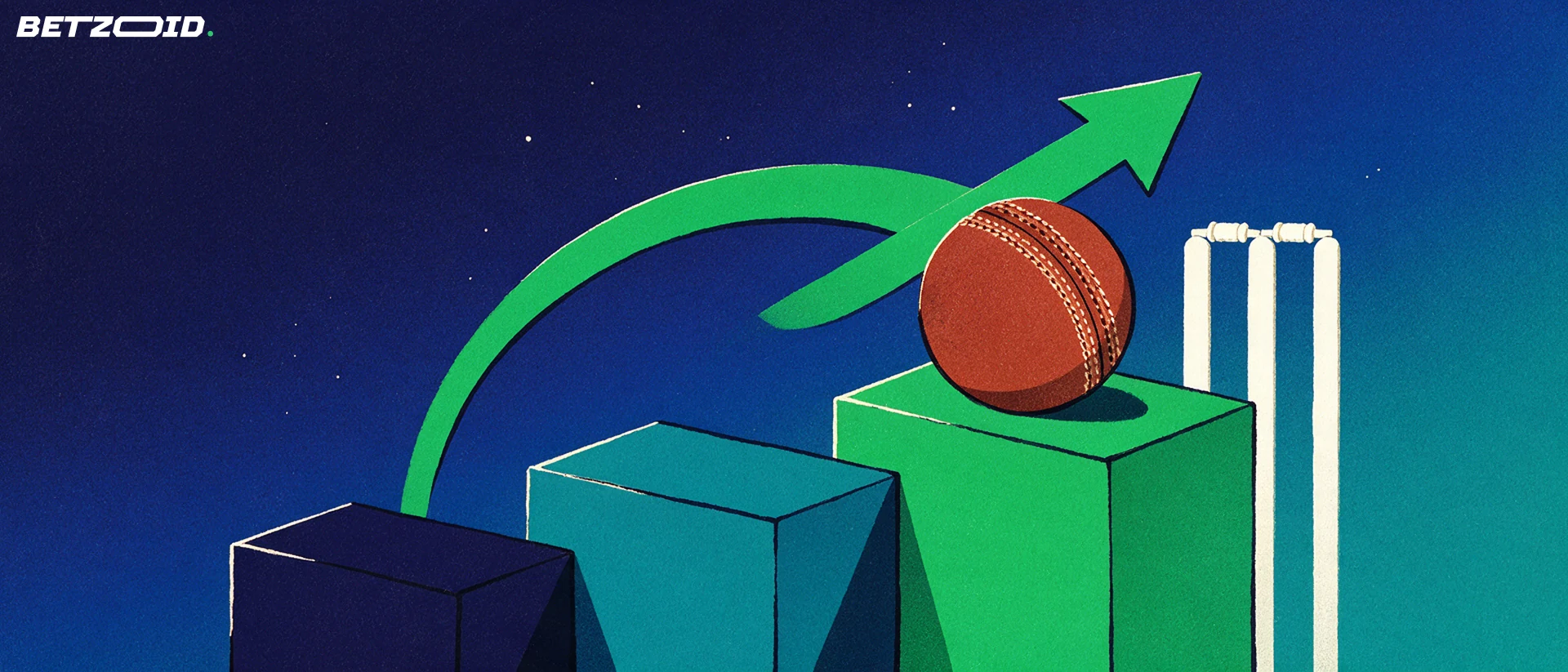 Illustration of a cricket ball on ascending blocks with a rising arrow and cricket stumps behind.