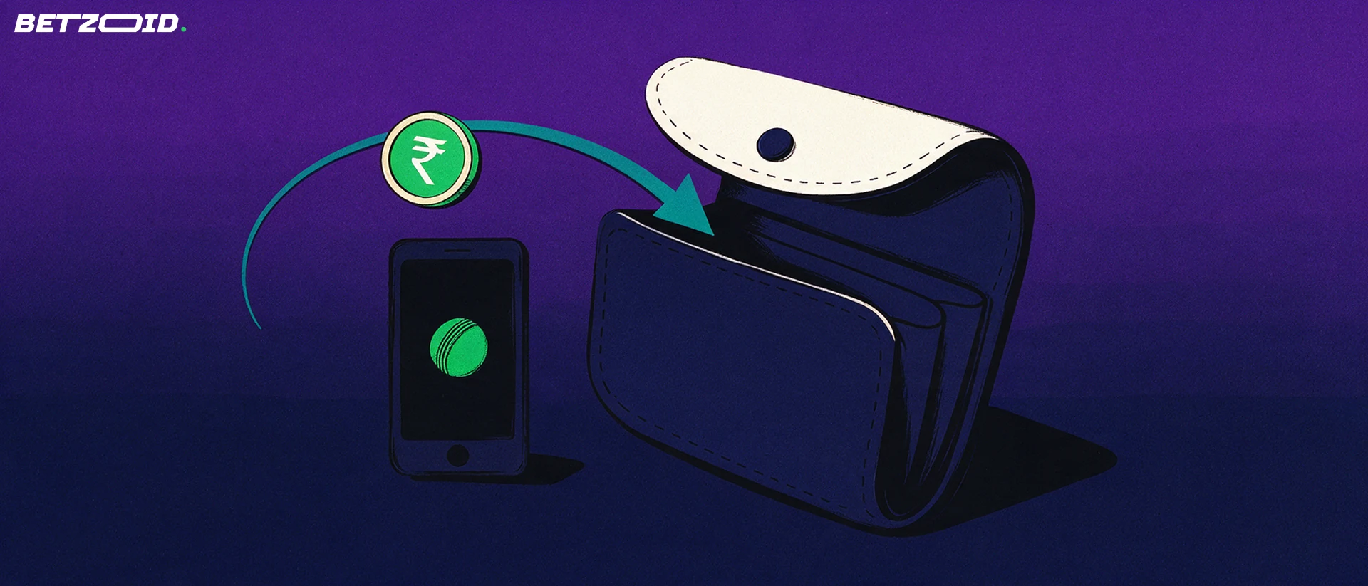 Illustration of a coin with a rupee symbol travelling along an arrow into an open wallet beside a phone showing a cricket ball icon.