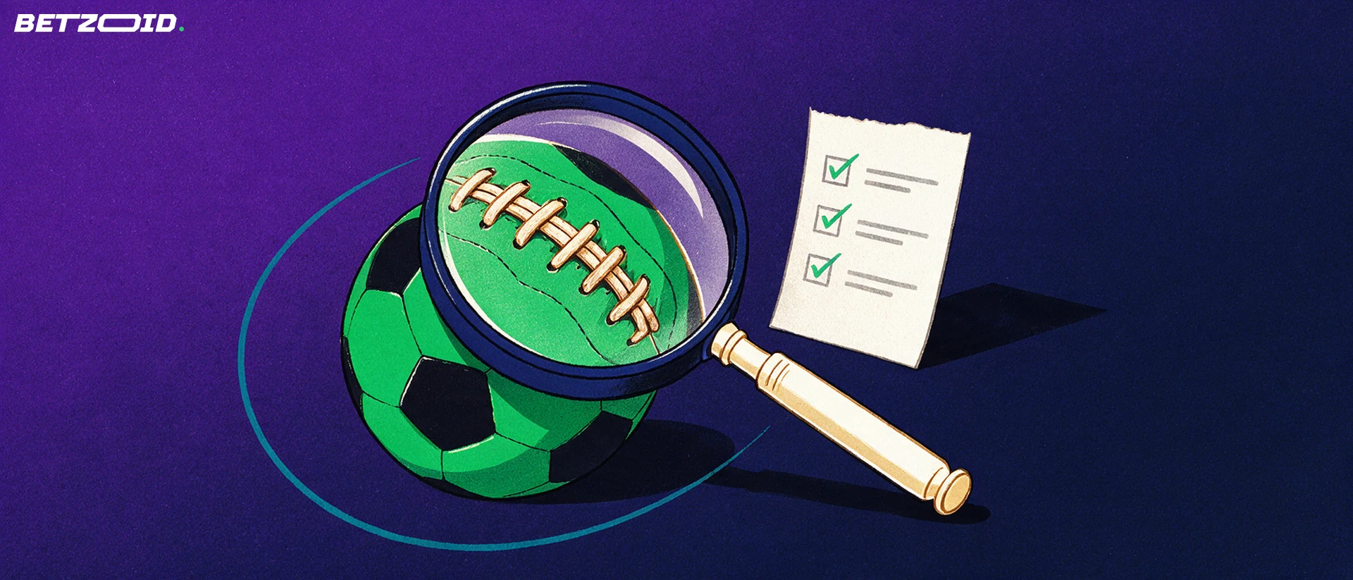 Ilustración de una lupa que examina un balón de fútbol junto a un boleto de apuestas con tres marcas de verificación.
